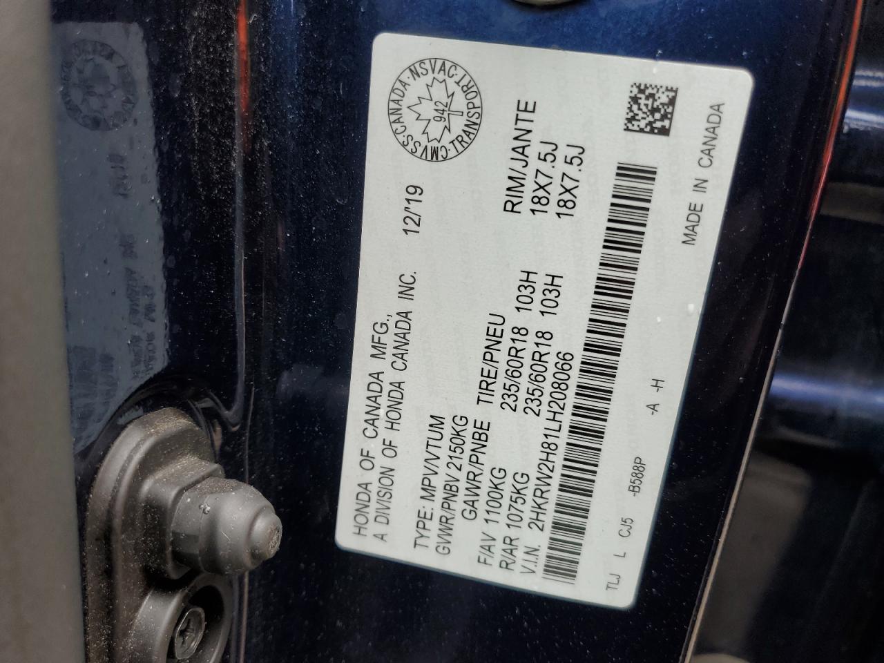 2020 Honda Cr-V Exl VIN: 2HKRW2H81LH208066 Lot: 62792105