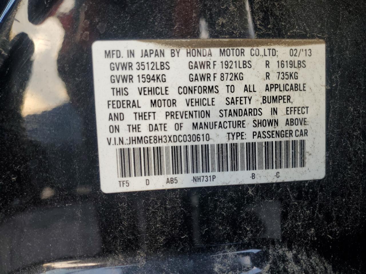 2013 Honda Fit VIN: JHMGE8H3XDC030610 Lot: 65248185