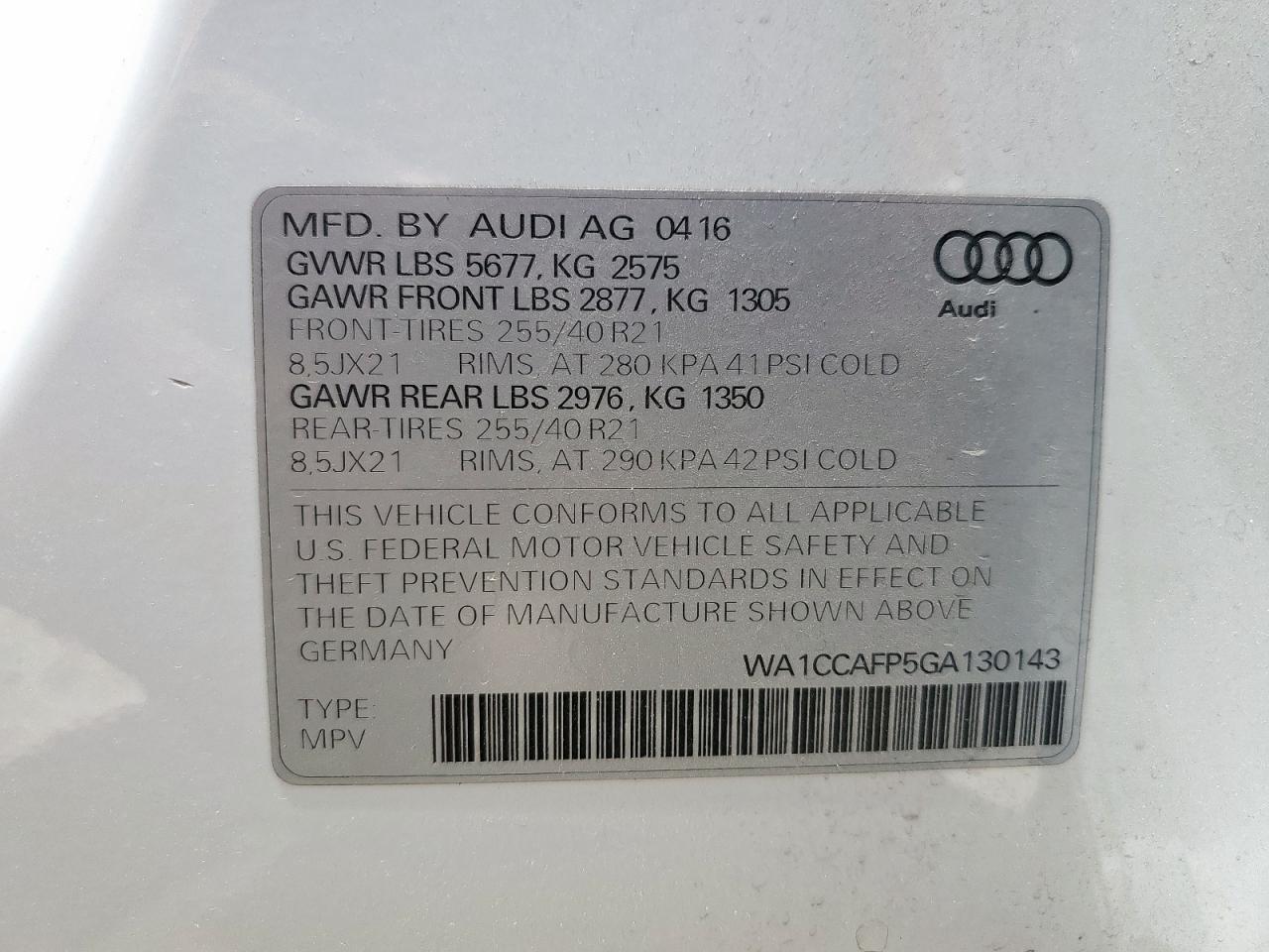 2016 Audi Sq5 Premium Plus VIN: WA1CCAFP5GA130143 Lot: 64315285