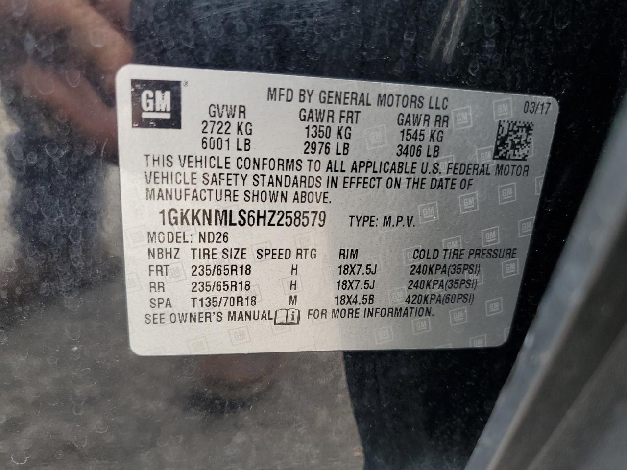 2017 GMC Acadia Slt-1 VIN: 1GKKNMLS6HZ258579 Lot: 63096895
