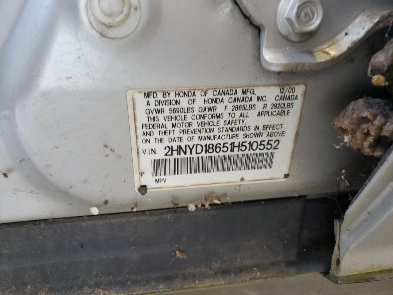 2001 Acura Mdx Touring VIN: 2HNYD18651H510552 Lot: 65110125