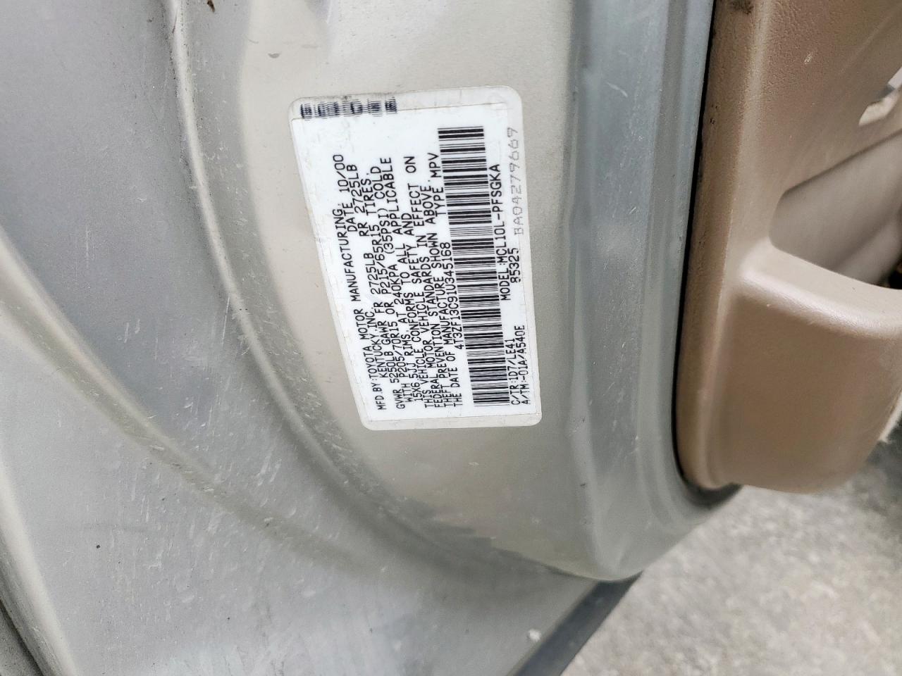 2001 Toyota Sienna Le VIN: 4T3ZF13C91U345168 Lot: 63500405