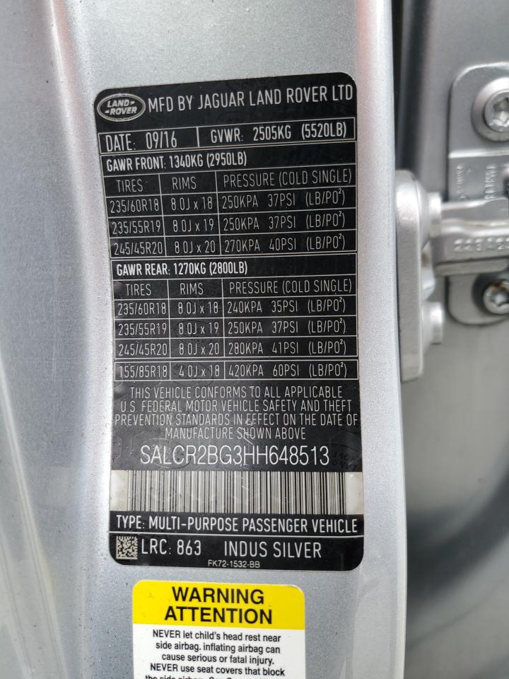 2017 Land Rover Discovery Sport Hse VIN: SALCR2BG3HH648513 Lot: 63673585