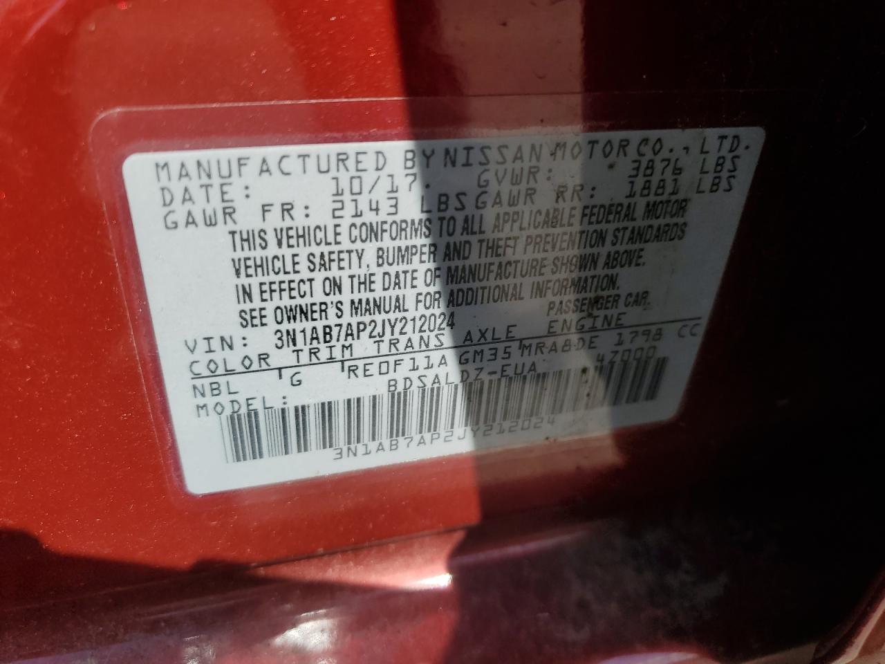 2018 Nissan Sentra S VIN: 3N1AB7AP2JY212024 Lot: 65132785