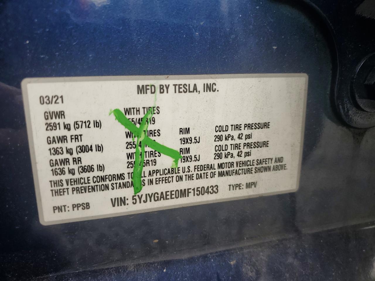 2021 Tesla Model Y VIN: 5YJYGAEE0MF150433 Lot: 66886605
