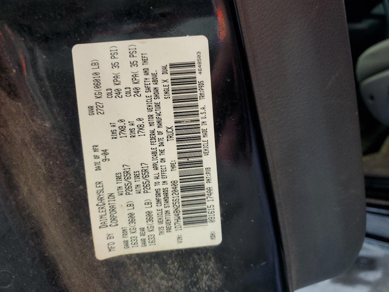 2005 Dodge Dakota Quad Slt VIN: 1D7HW48N25S120408 Lot: 64587485