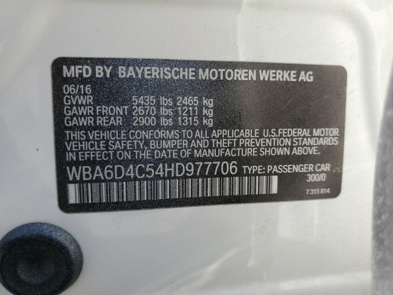2017 BMW 650 I Gran Coupe VIN: WBA6D4C54HD977706 Lot: 65059075
