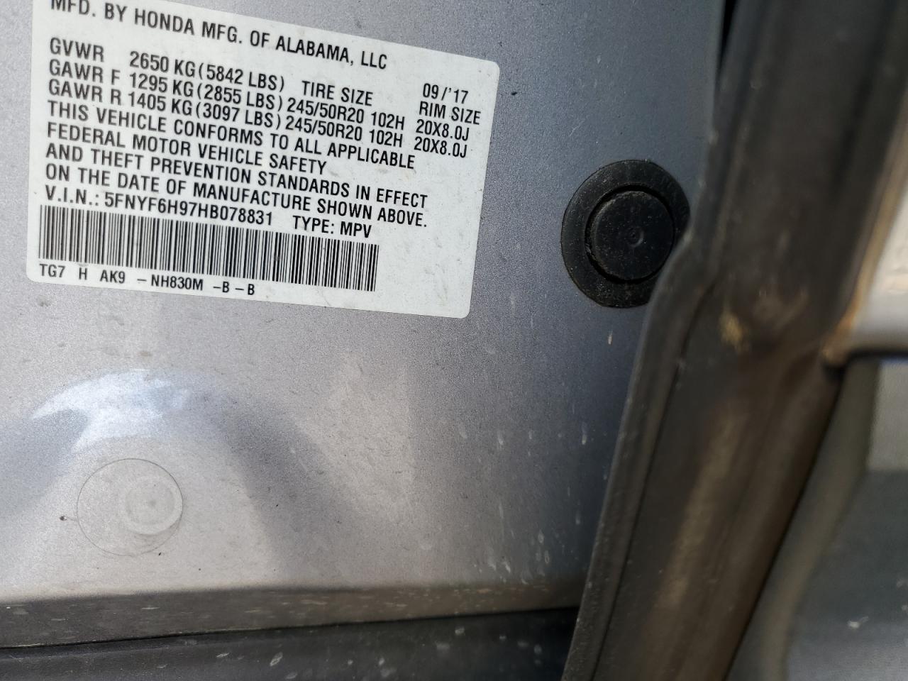 2017 Honda Pilot Touring VIN: 5FNYF6H97HB078832 Lot: 65679675