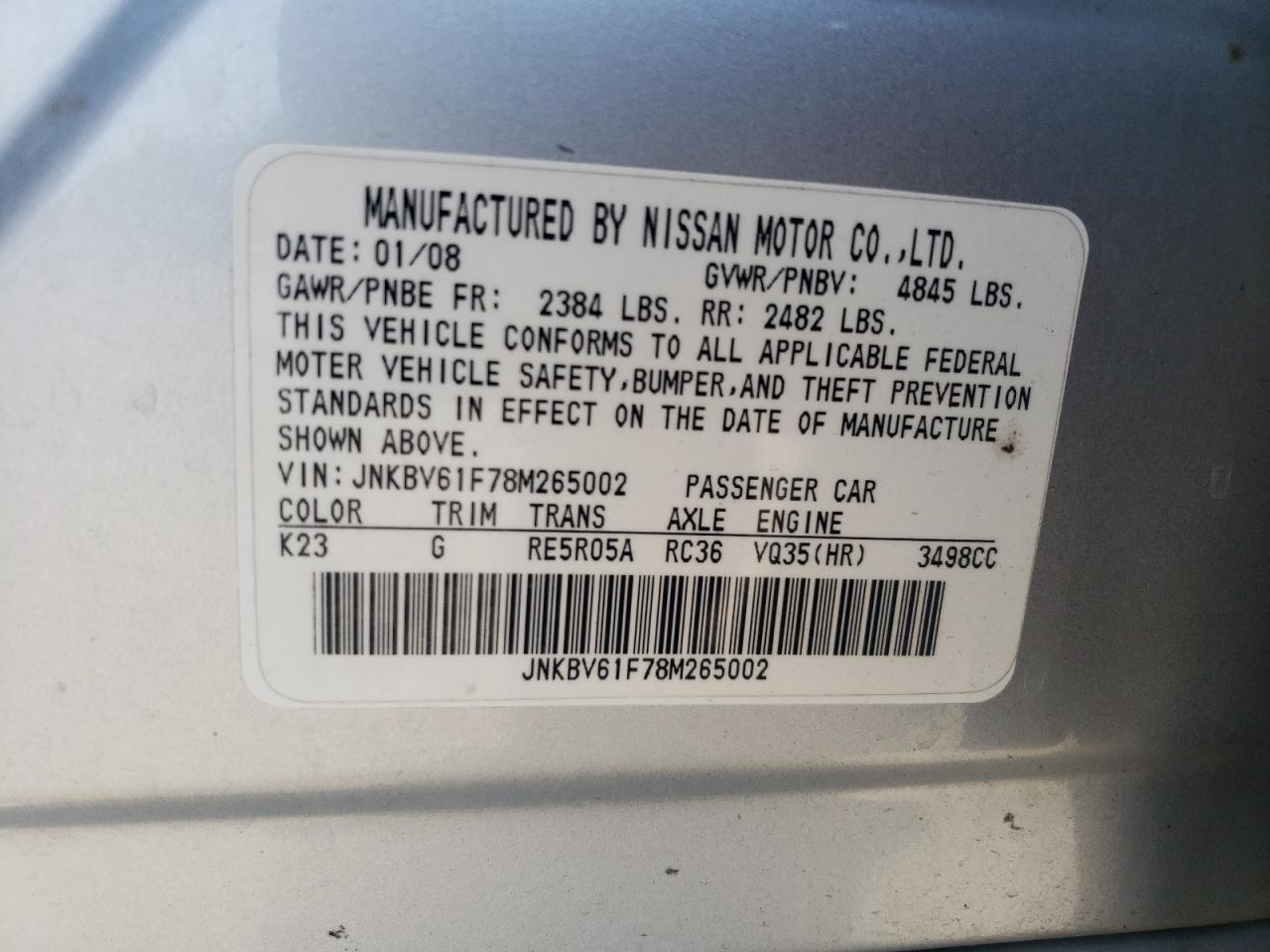 2008 Infiniti G35 VIN: JNKBV61F78M265002 Lot: 63784375