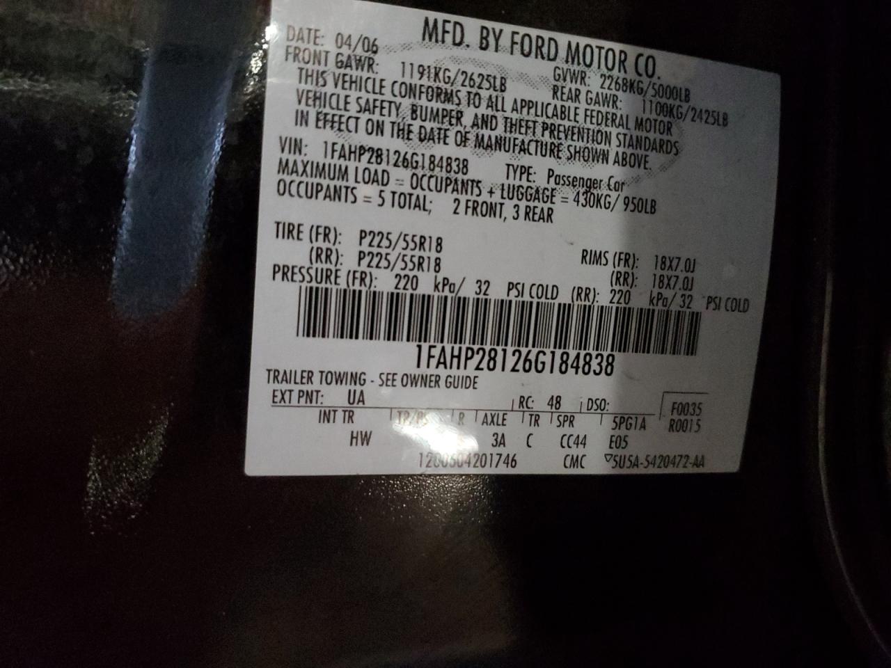 2006 Ford Five Hundred Limited VIN: 1FAHP28126G184838 Lot: 63399945