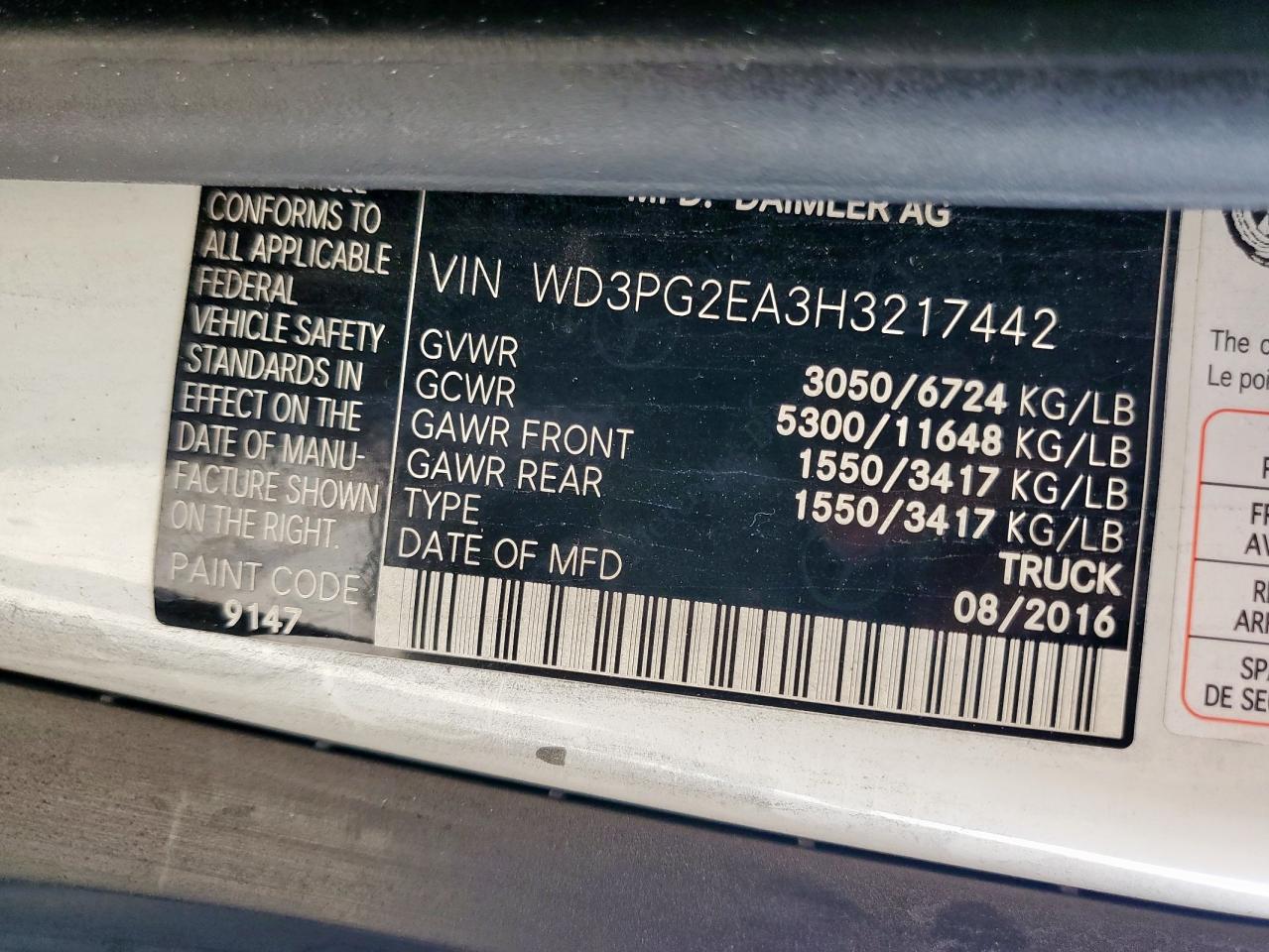 2017 Mercedes-Benz Metris VIN: WD3PG2EA3H3217442 Lot: 63302665