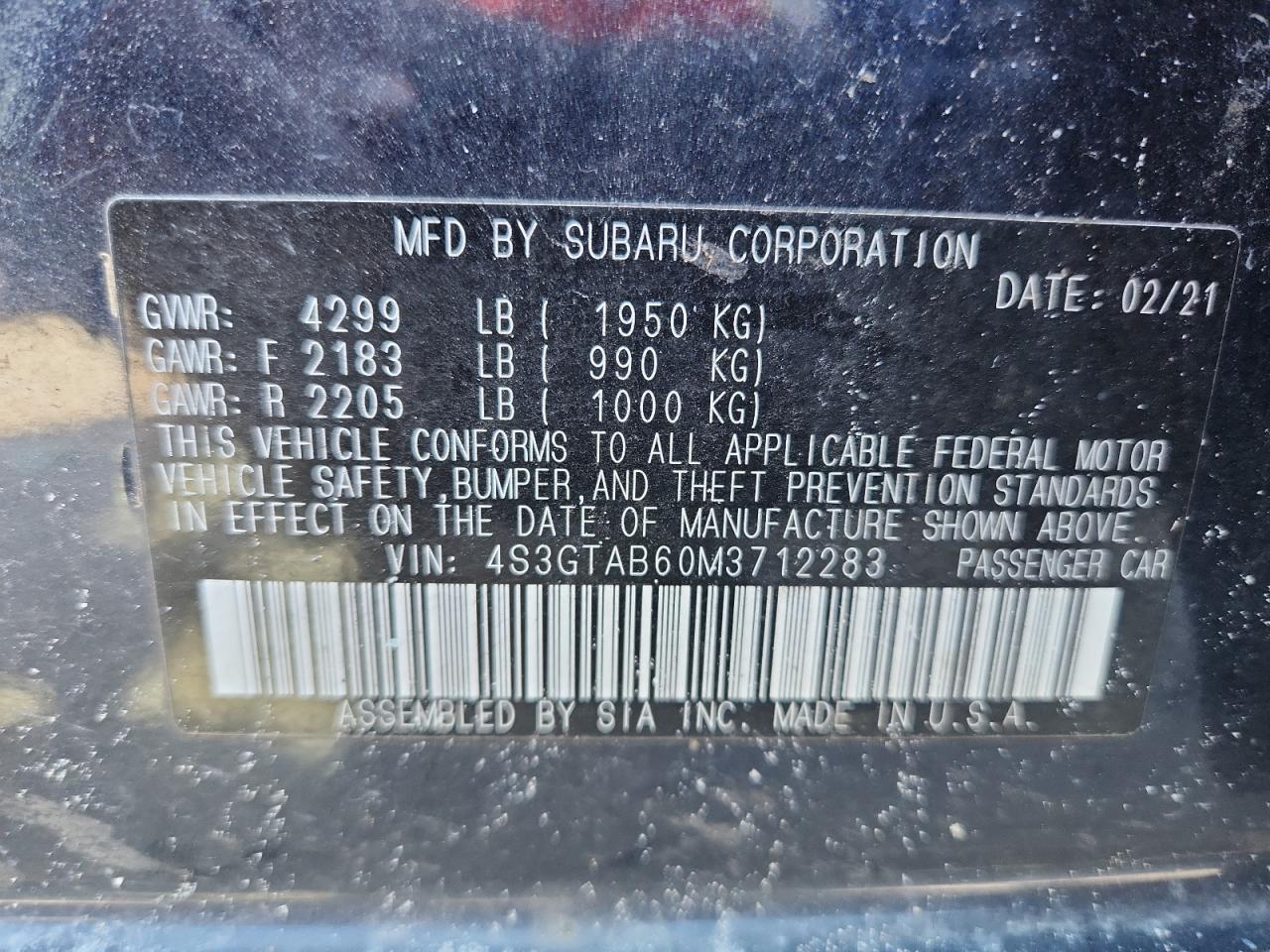 2021 Subaru Impreza VIN: 4S3GTAB60M3712283 Lot: 62365705