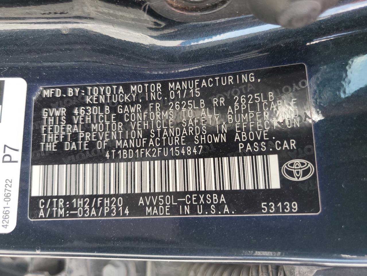 2015 Toyota Camry Hybrid VIN: 4T1BD1FK2FU154847 Lot: 65536435