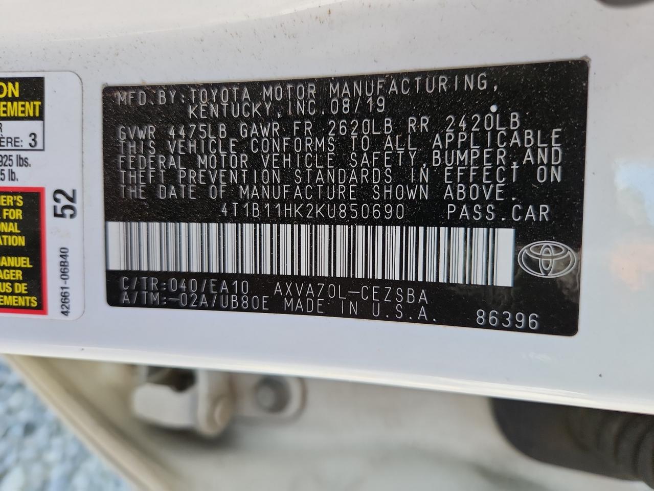 2019 Toyota Camry L VIN: 4T1B11HK2KU850690 Lot: 65414585