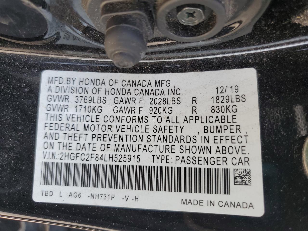 2020 Honda Civic Sport VIN: 2HGFC2F84LH525915 Lot: 65797705
