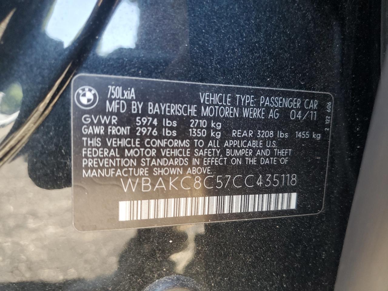 2012 BMW 750 Lxi VIN: WBAKC8C57CC435118 Lot: 63161825