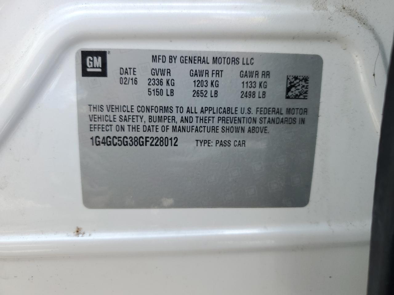 2016 Buick Lacrosse VIN: 1G4GC5G38GF228012 Lot: 65399015