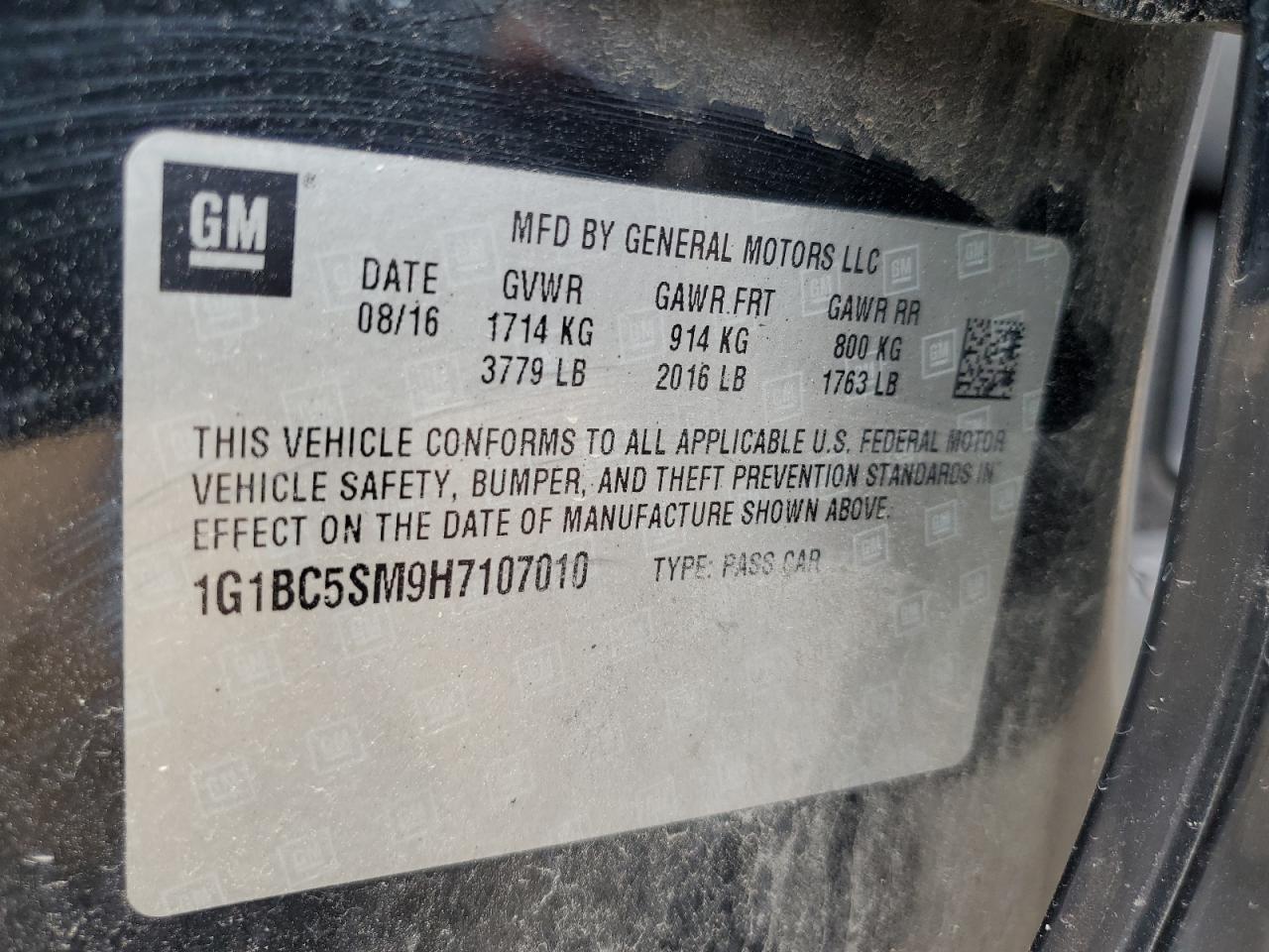 2017 Chevrolet Cruze Ls VIN: 1G1BC5SM9H7107010 Lot: 60315975
