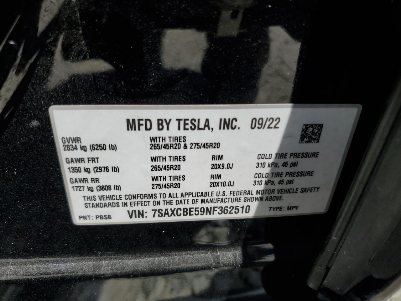 2022 Tesla Model X VIN: 7SAXCBE59NF362510 Lot: 65281305