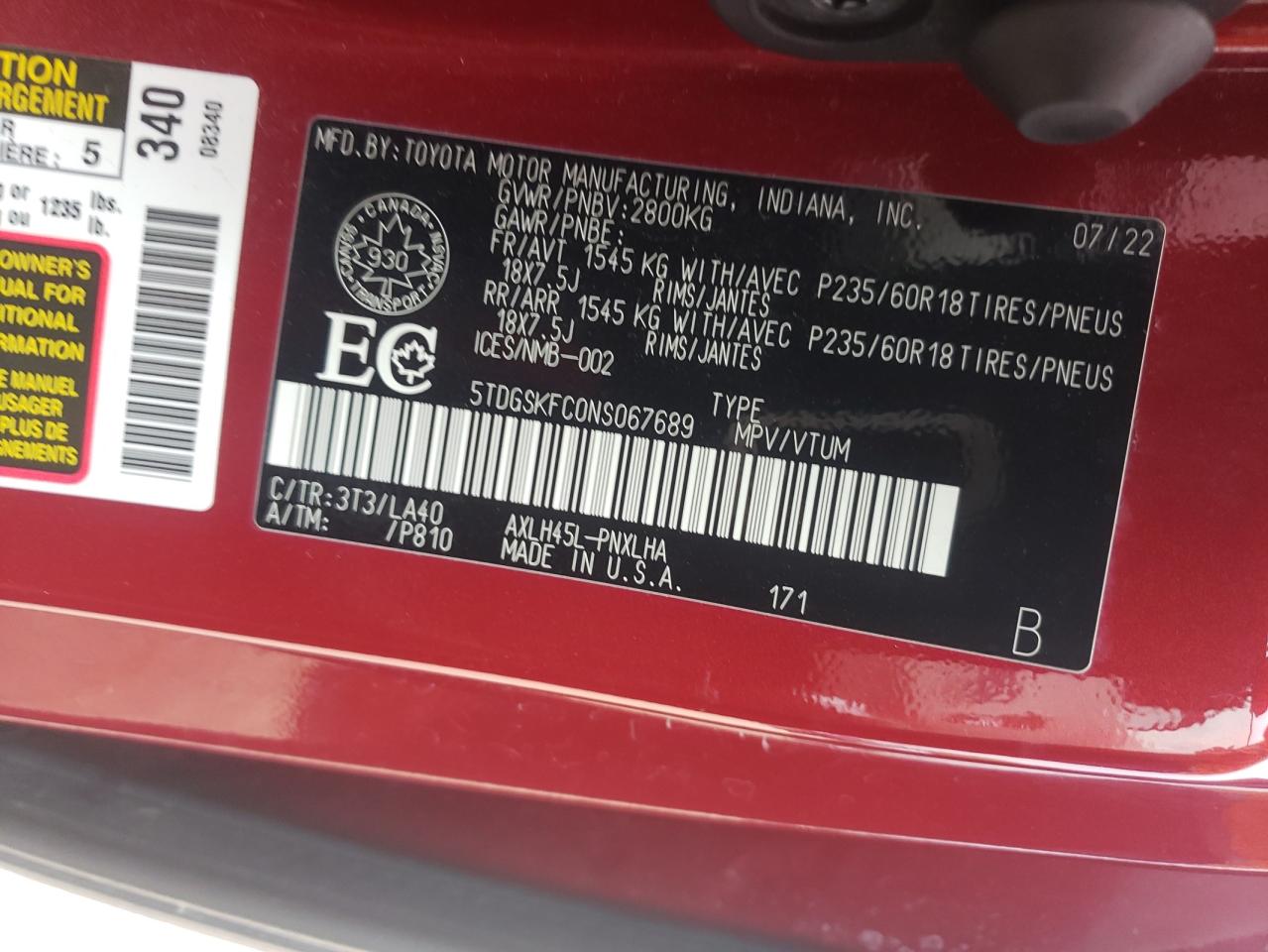2022 Toyota Sienna Le VIN: 5TDGSKFC0NS067689 Lot: 63850155