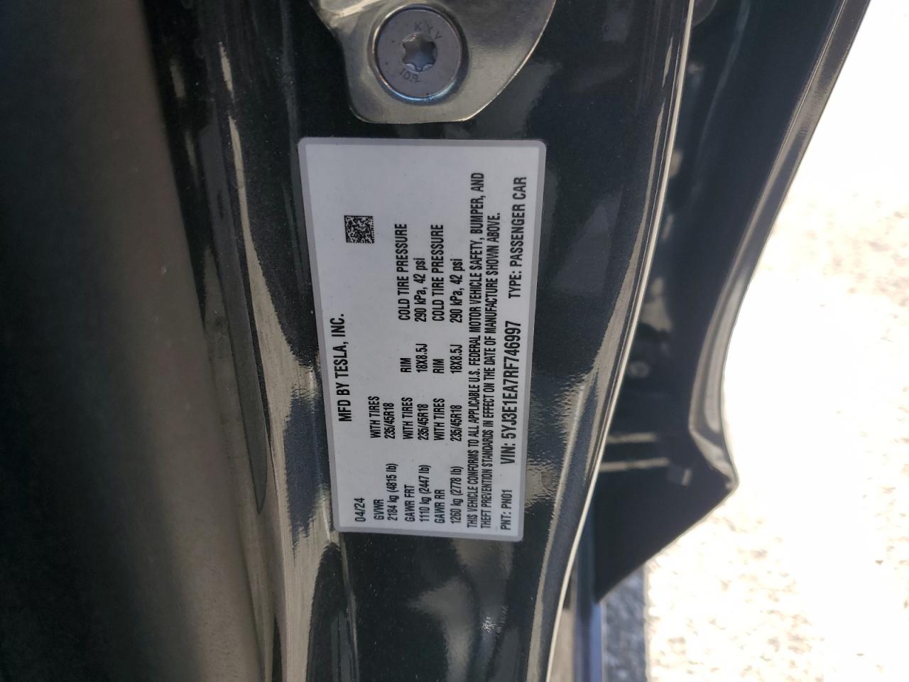 2024 Tesla Model 3 VIN: 5YJ3E1EA7RF746997 Lot: 62506605