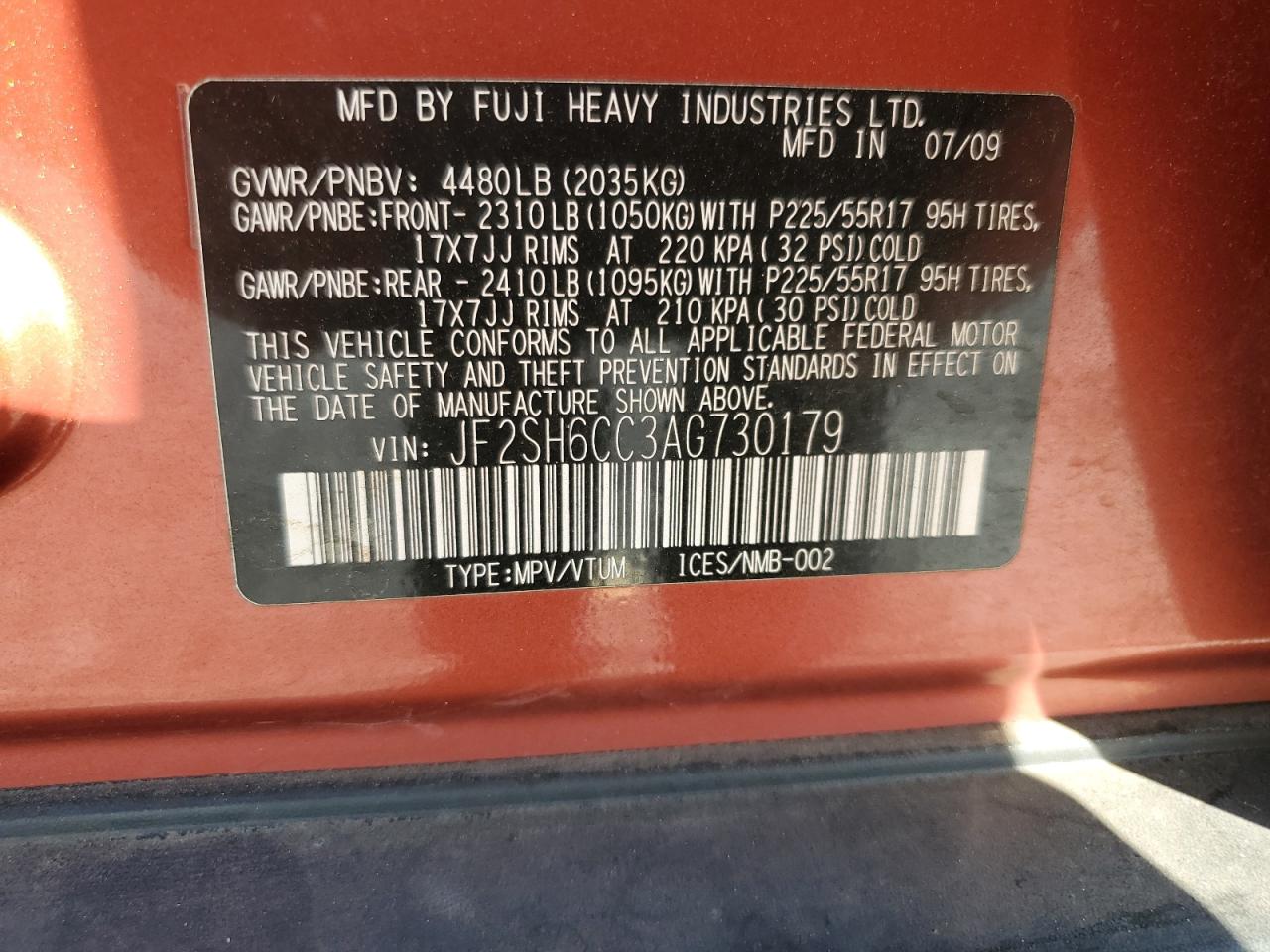 2010 Subaru Forester 2.5X Premium VIN: JF2SH6CC3AG730179 Lot: 64754685