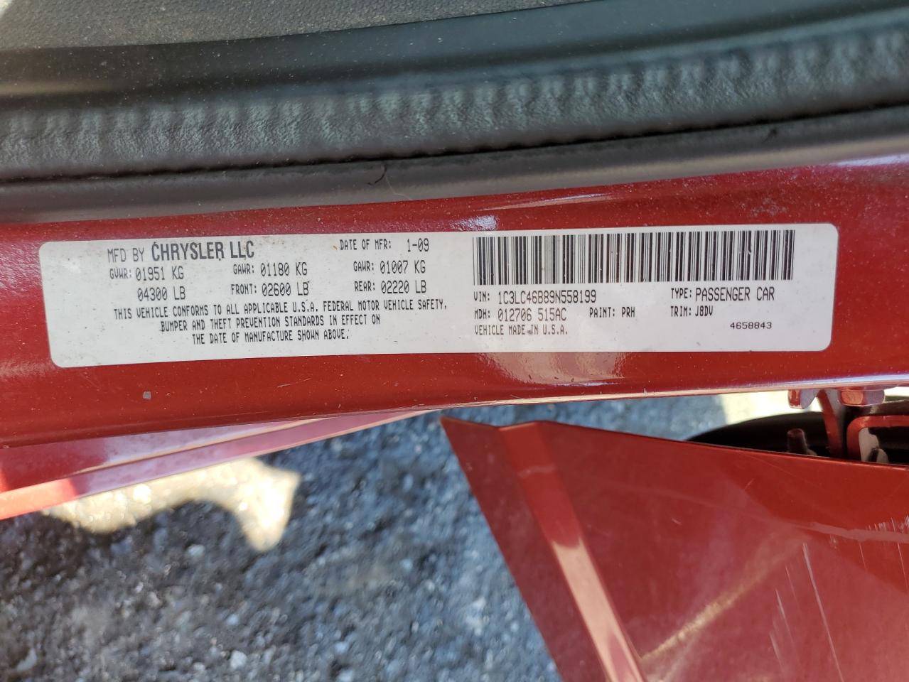 2009 Chrysler Sebring Lx VIN: 1C3LC46B89N558199 Lot: 64272255