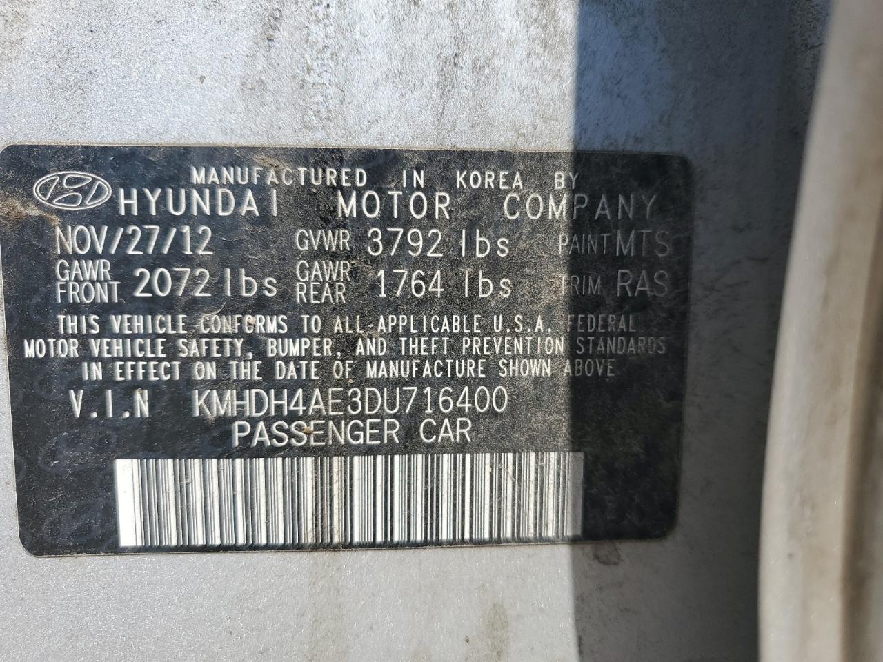 2013 Hyundai Elantra Gls VIN: KMHDH4AE3DU716400 Lot: 64751105
