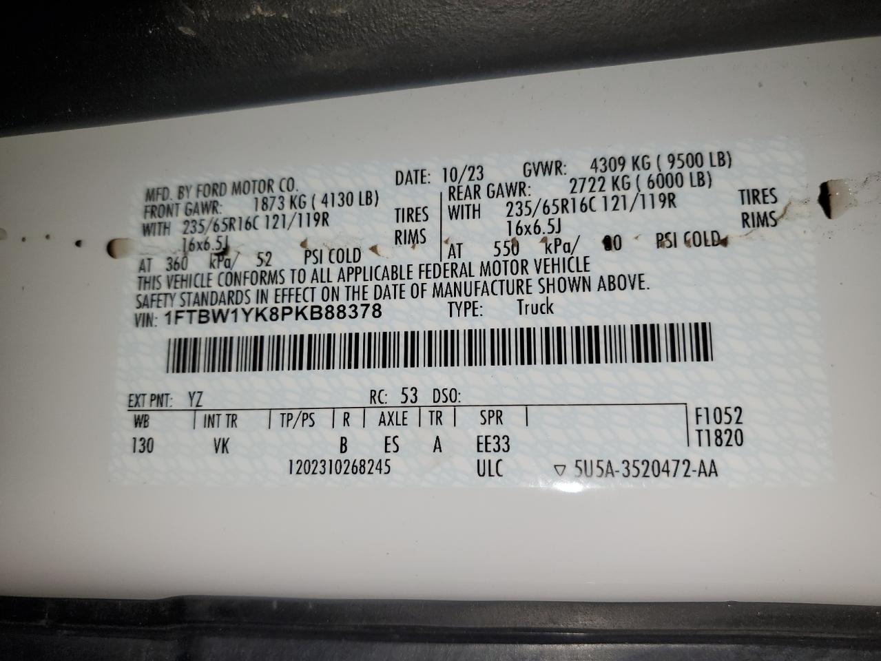 2023 Ford Transit T-350 VIN: 1FTBW1YK8PKB88378 Lot: 64670025