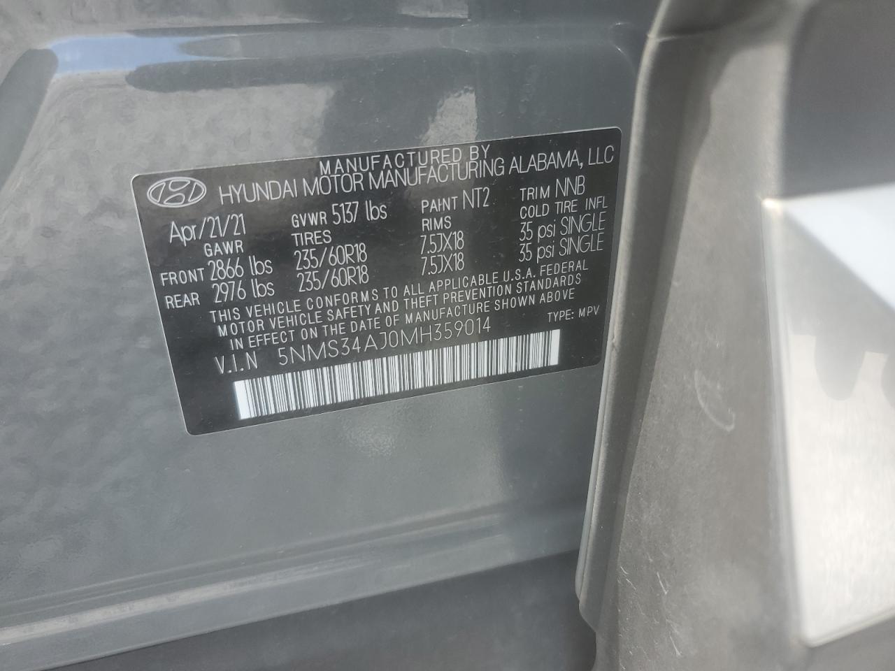 2021 Hyundai Santa Fe Sel VIN: 5NMS34AJ0MH359014 Lot: 65421995