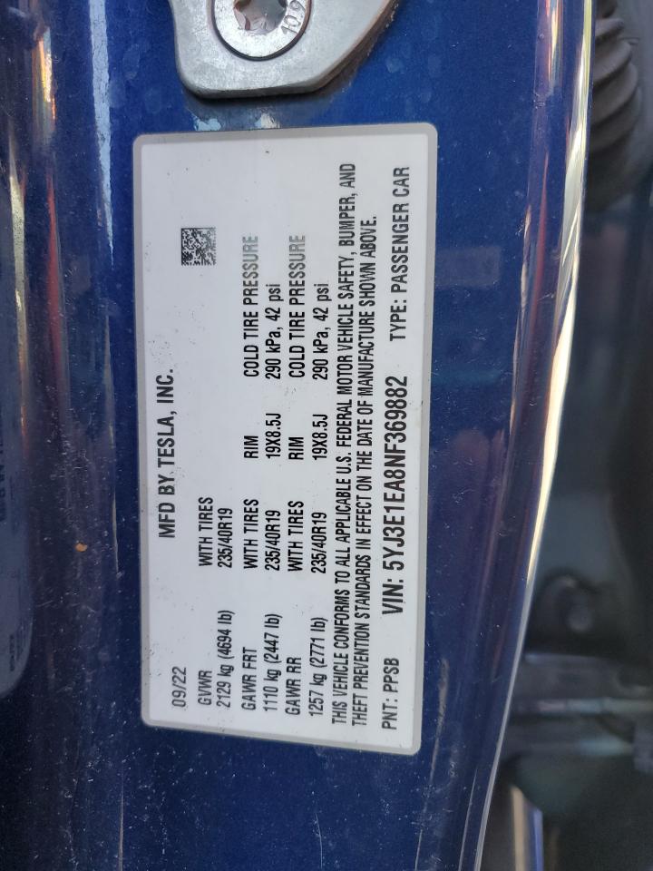 2022 Tesla Model 3 VIN: 5YJ3E1EA8NF369882 Lot: 64450835