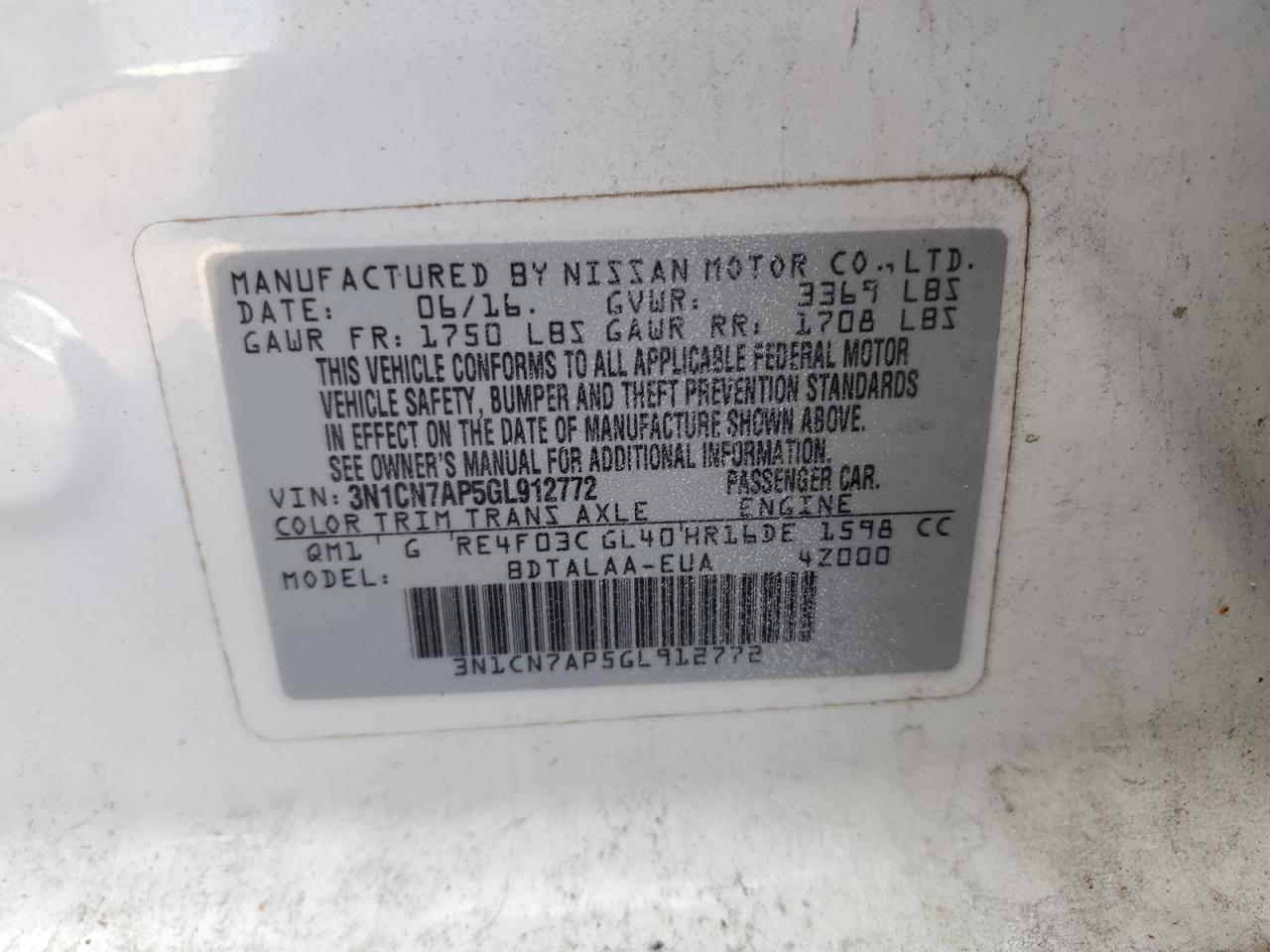 2016 Nissan Versa S VIN: 3N1CN7AP5GL912772 Lot: 65447195