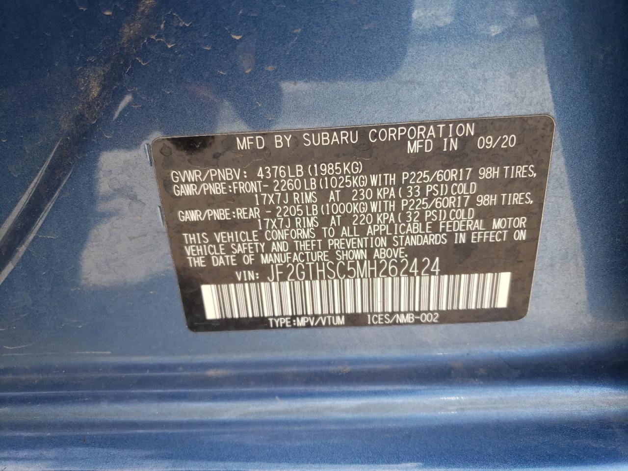 2021 Subaru Crosstrek Sport VIN: JF2GTHSC5MH262424 Lot: 62937685