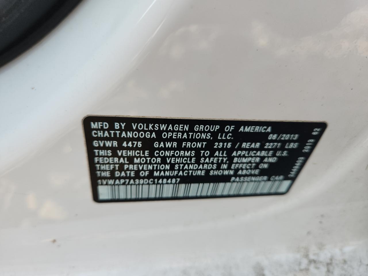 2013 Volkswagen Passat S VIN: 1VWAP7A39DC148487 Lot: 63655245