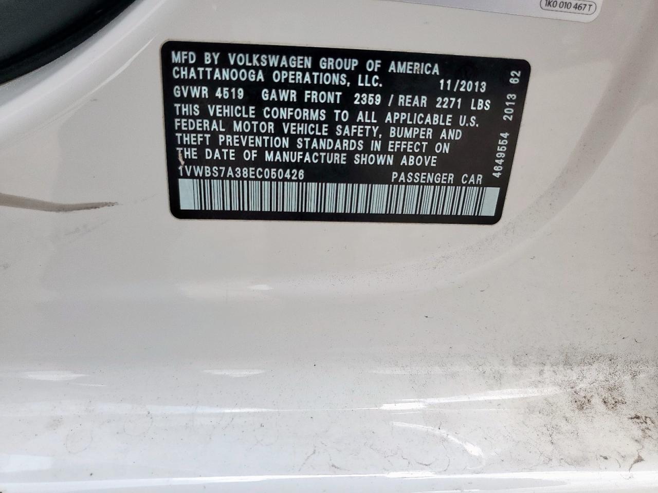 2014 Volkswagen Passat Se VIN: 1VWBS7A38EC050426 Lot: 64383315