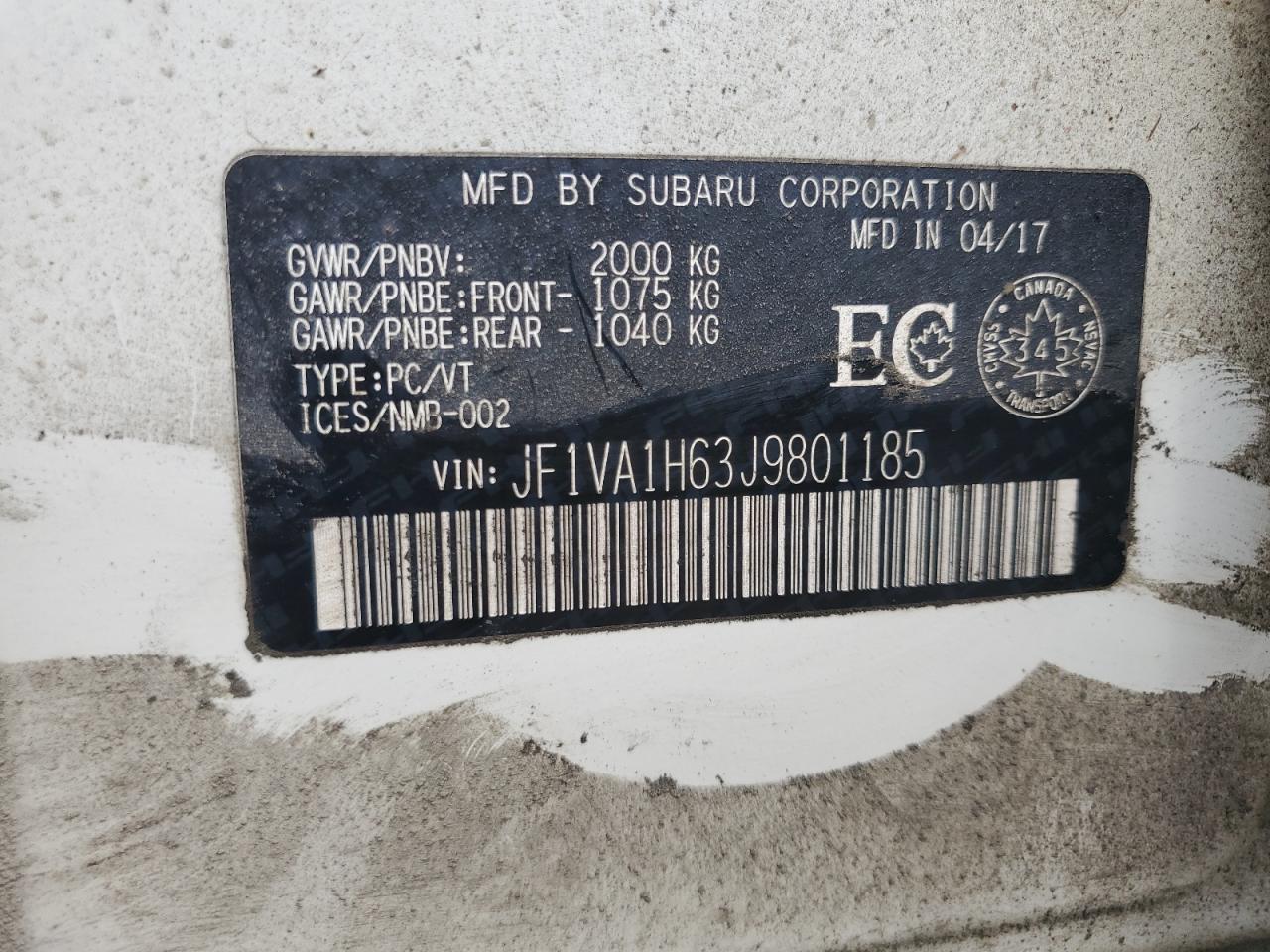 2018 Subaru Wrx Limited VIN: JF1VA1H63J9801185 Lot: 64025765