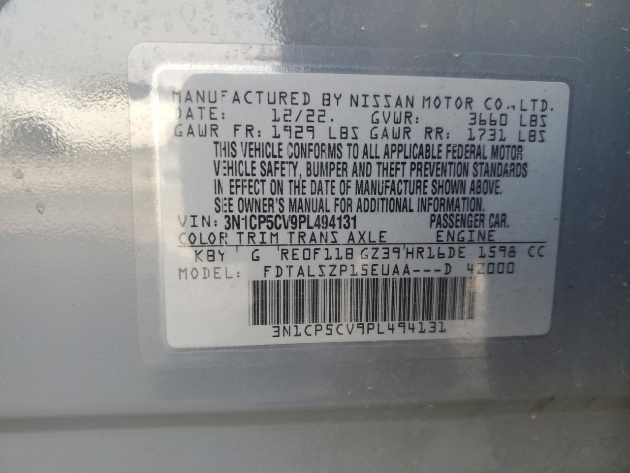 2023 Nissan Kicks Sv VIN: 3N1CP5CV9PL494131 Lot: 63090375