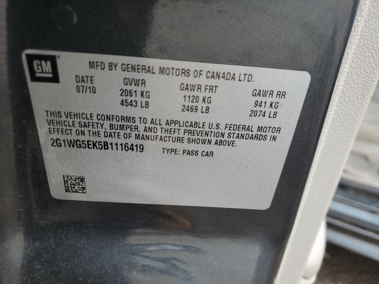 2011 Chevrolet Impala Lt VIN: 2G1WG5EK5B1116419 Lot: 66278955