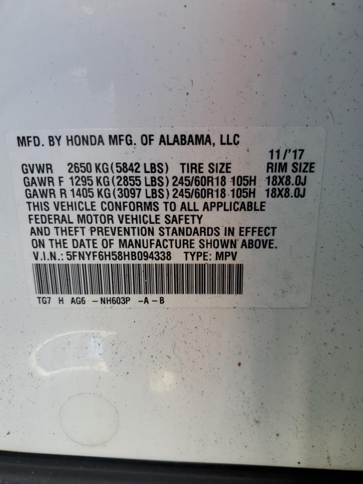 2017 Honda Pilot Exl VIN: 5FNYF6H58HB094338 Lot: 65047135
