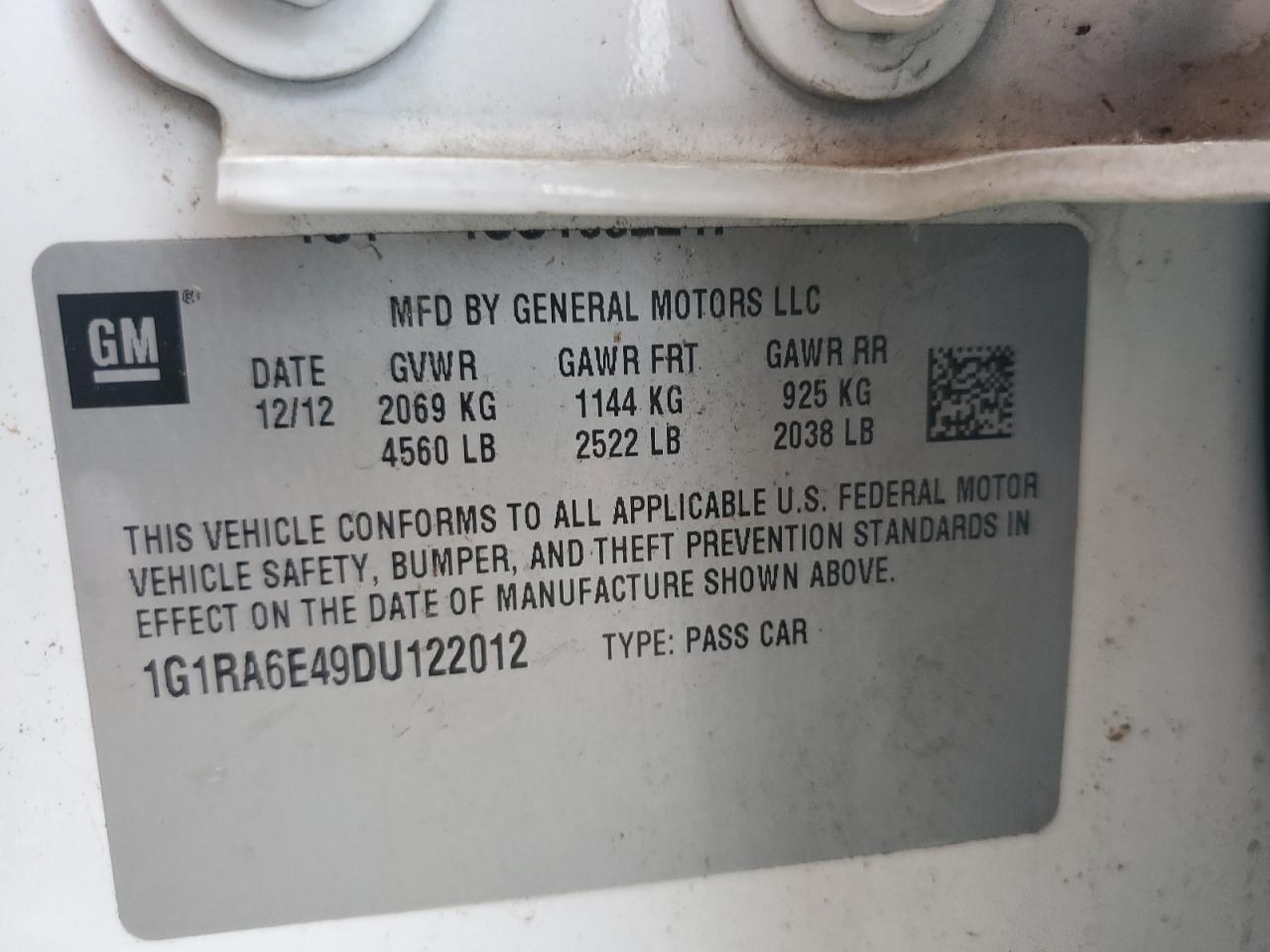 2013 Chevrolet Volt VIN: 1G1RA6E49DU122012 Lot: 64648185