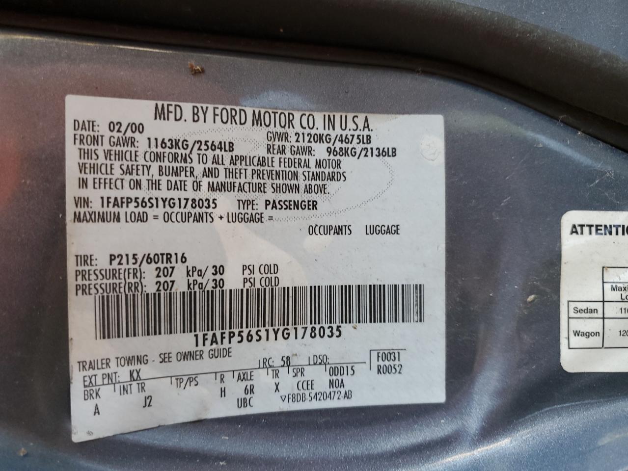2000 Ford Taurus Sel VIN: 1FAFP56S1YG178035 Lot: 63277925
