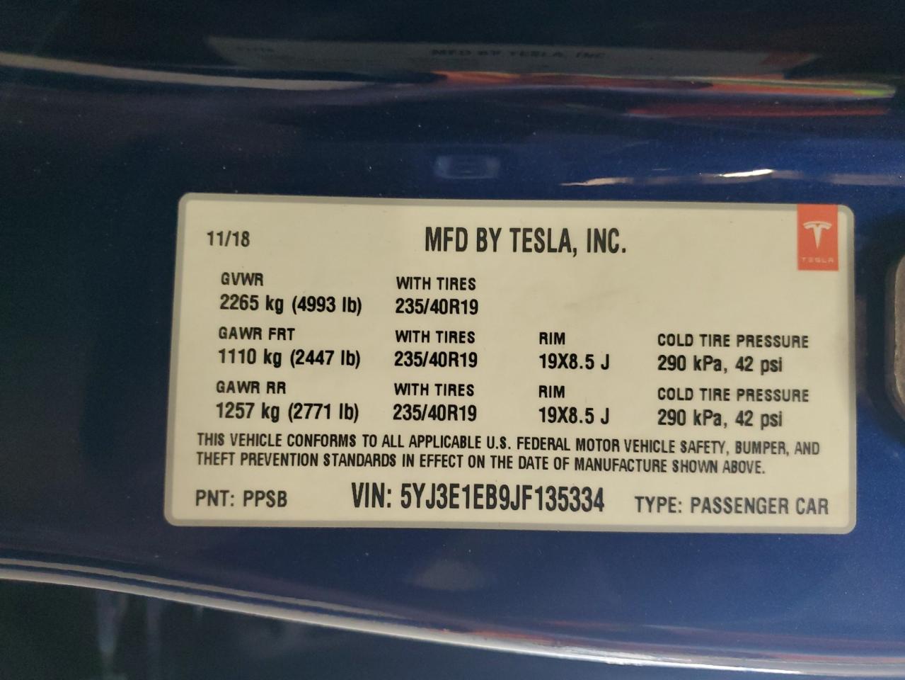 2018 Tesla Model 3 VIN: 5YJ3E1EB9JF135334 Lot: 63918045