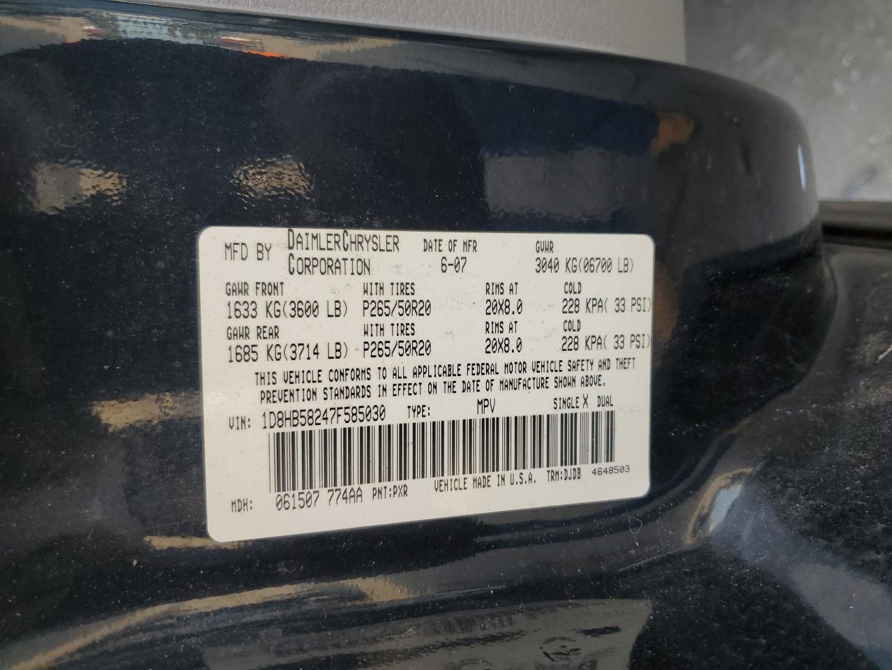 2007 Dodge Durango Limited VIN: 1D8HB58247F585030 Lot: 65438185