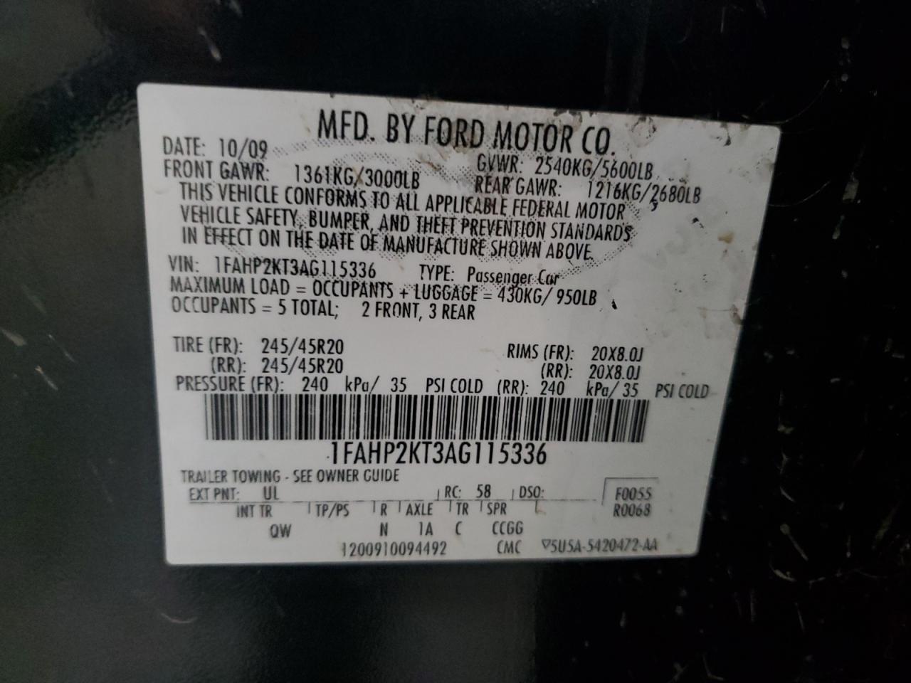 2010 Ford Taurus Sho VIN: 1FAHP2KT3AG115336 Lot: 62677275