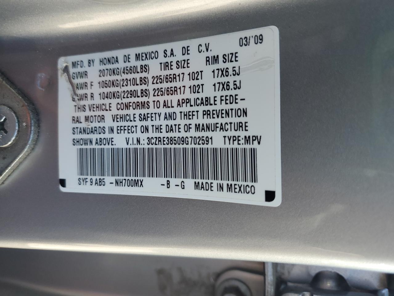 2009 Honda Cr-V Ex VIN: 3CZRE38509G702591 Lot: 63613665