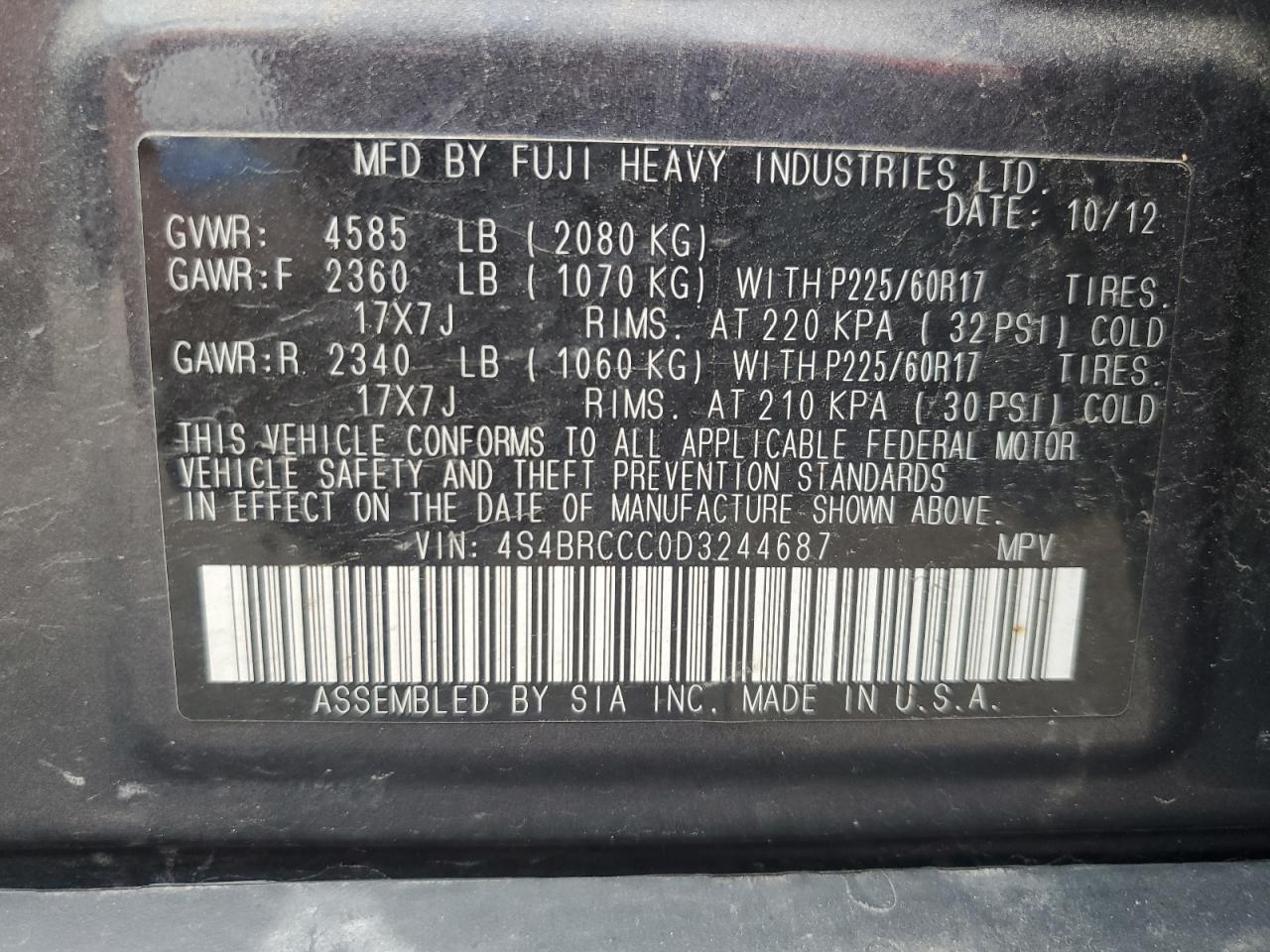 2013 Subaru Outback 2.5I Premium VIN: 4S4BRCCC0D3244687 Lot: 65706255