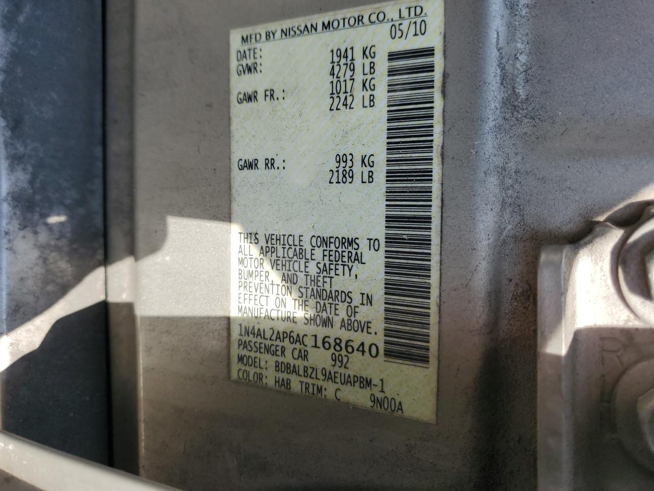 2010 Nissan Altima Base VIN: 1N4AL2AP6AC168640 Lot: 64928675