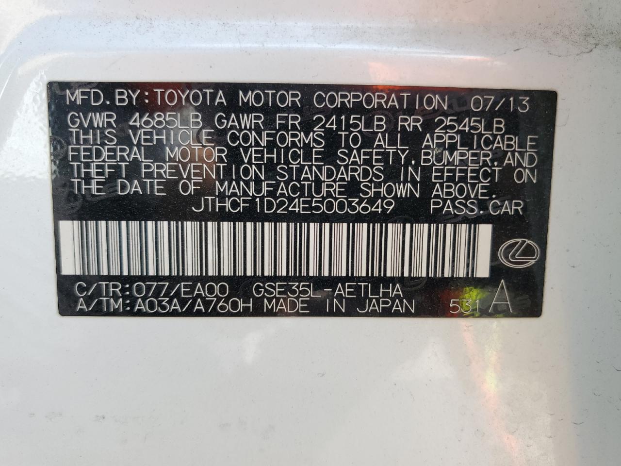 2014 Lexus Is 250 VIN: JTHCF1D24E5003649 Lot: 63775395