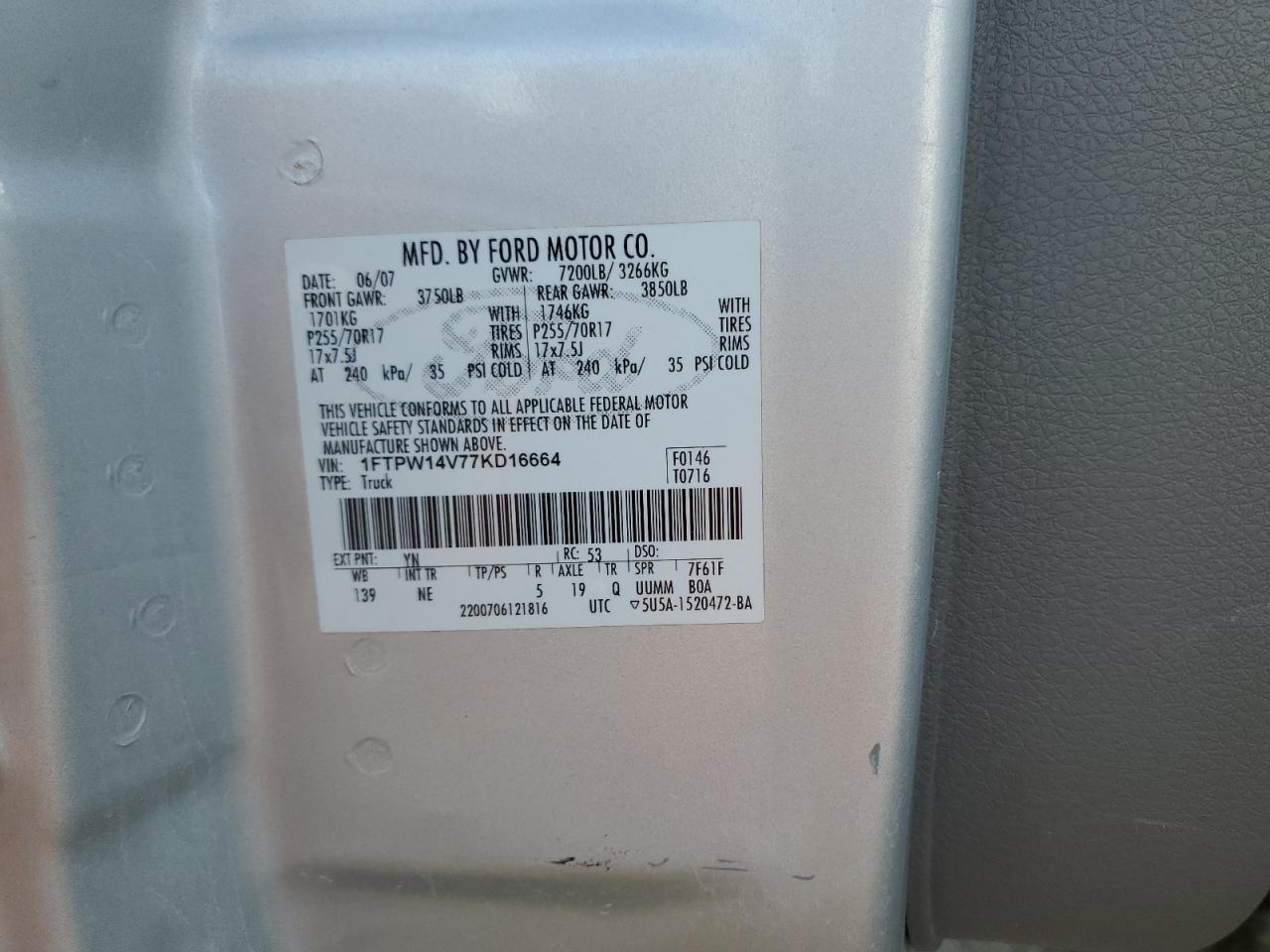 2007 Ford F150 Supercrew VIN: 1FTPW14V77KD16664 Lot: 64296575