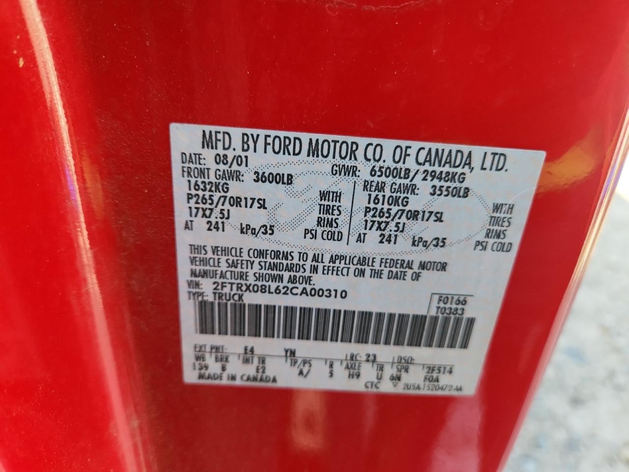 2002 Ford F150 VIN: 2FTRX08L62CA00310 Lot: 63556725